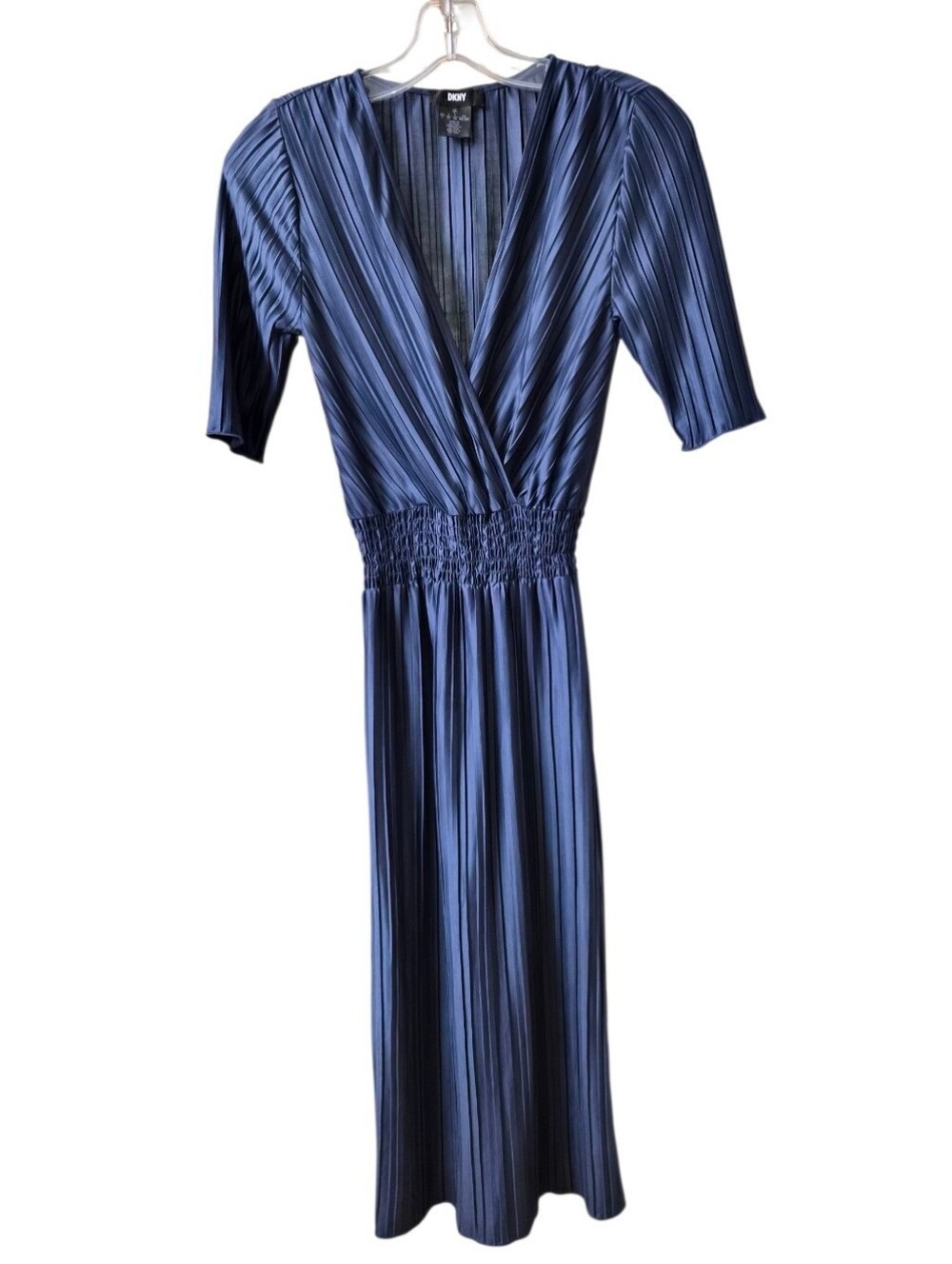 DKNY Navy Pleated V-Neck Midi Dress
